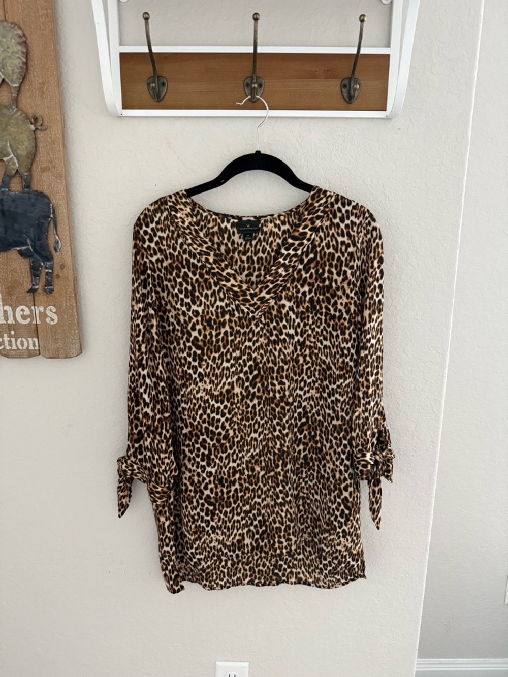 Worthington Leopard Print V-Neck Tie-Sleeve Tunic - Brown and Black